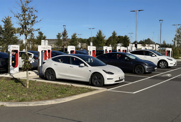 The Tesla Supercharger hub at Rugby services has plenty of charging points